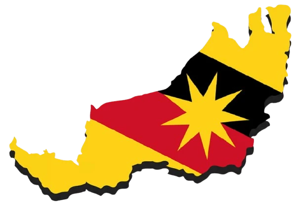 The outline of Sarawak, filled with the state flag.